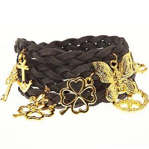 Timi Suede Wrap Charm Bracelet in Dark Grey/Gold